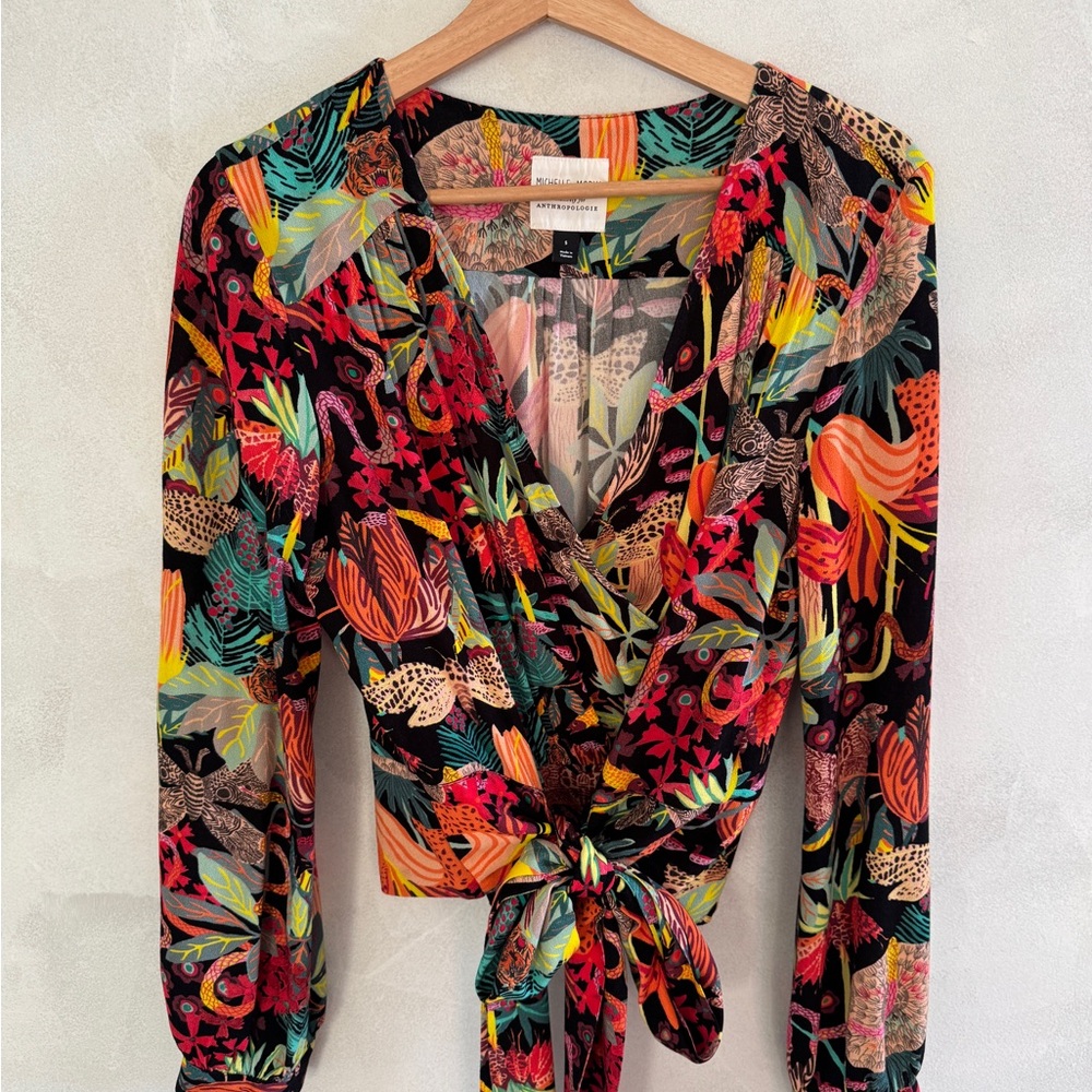 Michelle Morin for Anthropologie - Multicolor Jungle Print Faux Wrap Blouse